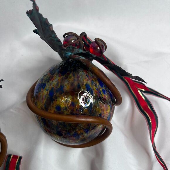 Glass Ball Ornaments wrapped in Copper with Metal Holly Leaves Set of 2 - Picture 7 of 8